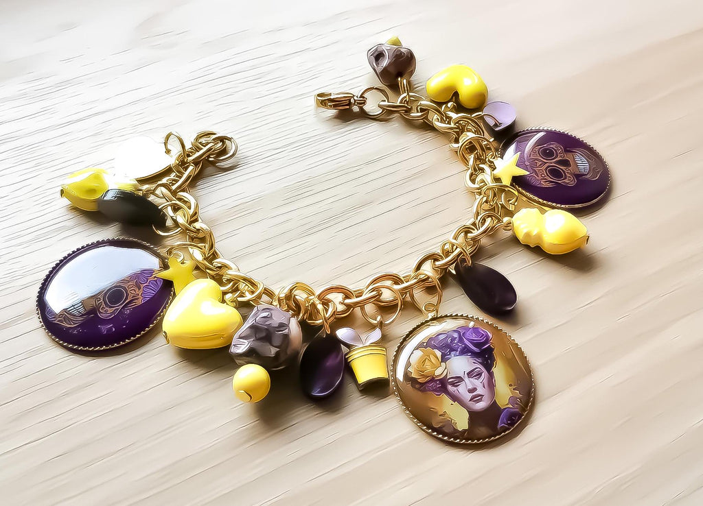 Bracelet Charms Frida Kahlo - Bijou Art Mexicain - Jaune et Violet