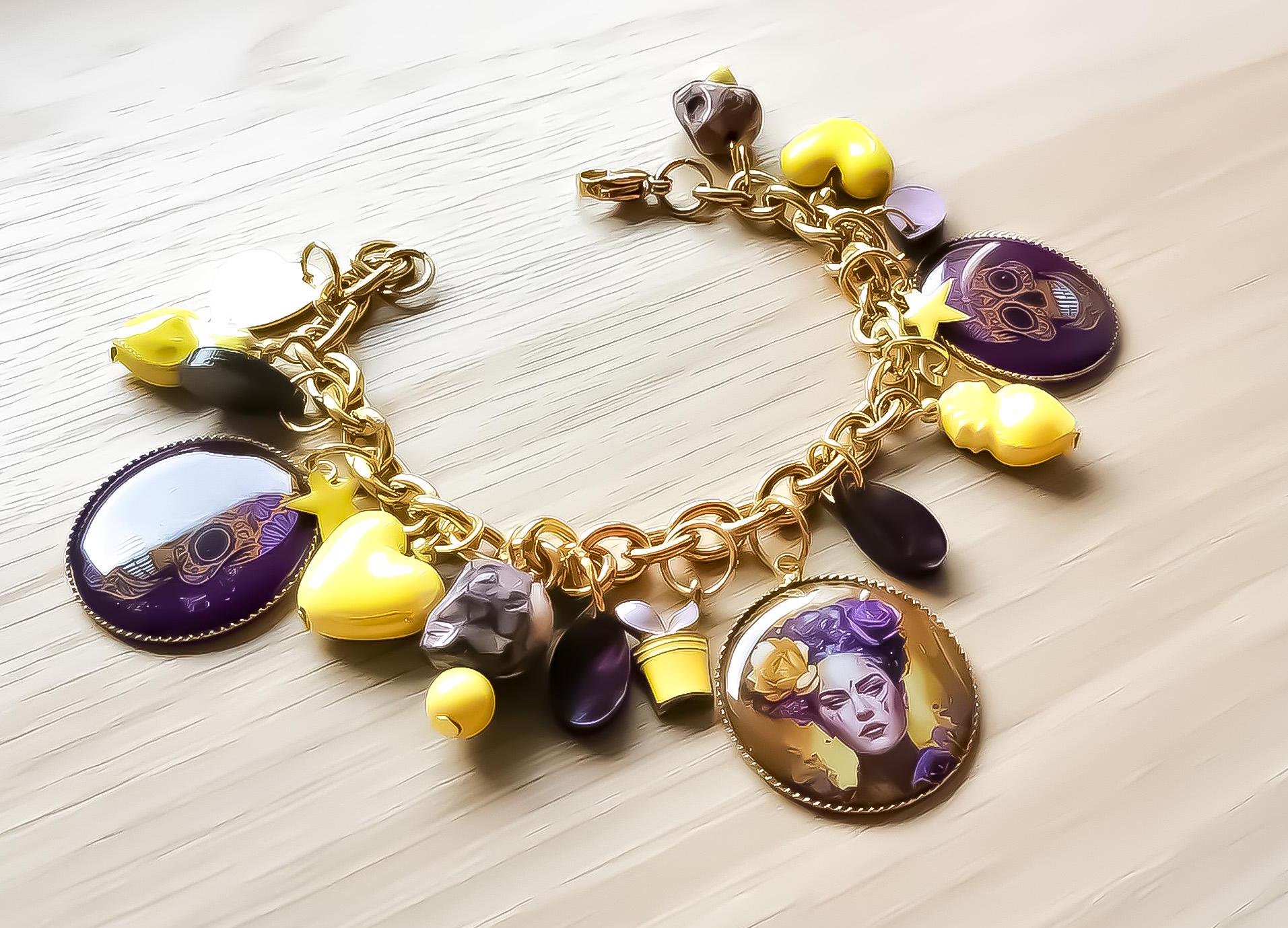 Bracelet Charms Frida Kahlo - Bijou Art Mexicain - Jaune et Violet