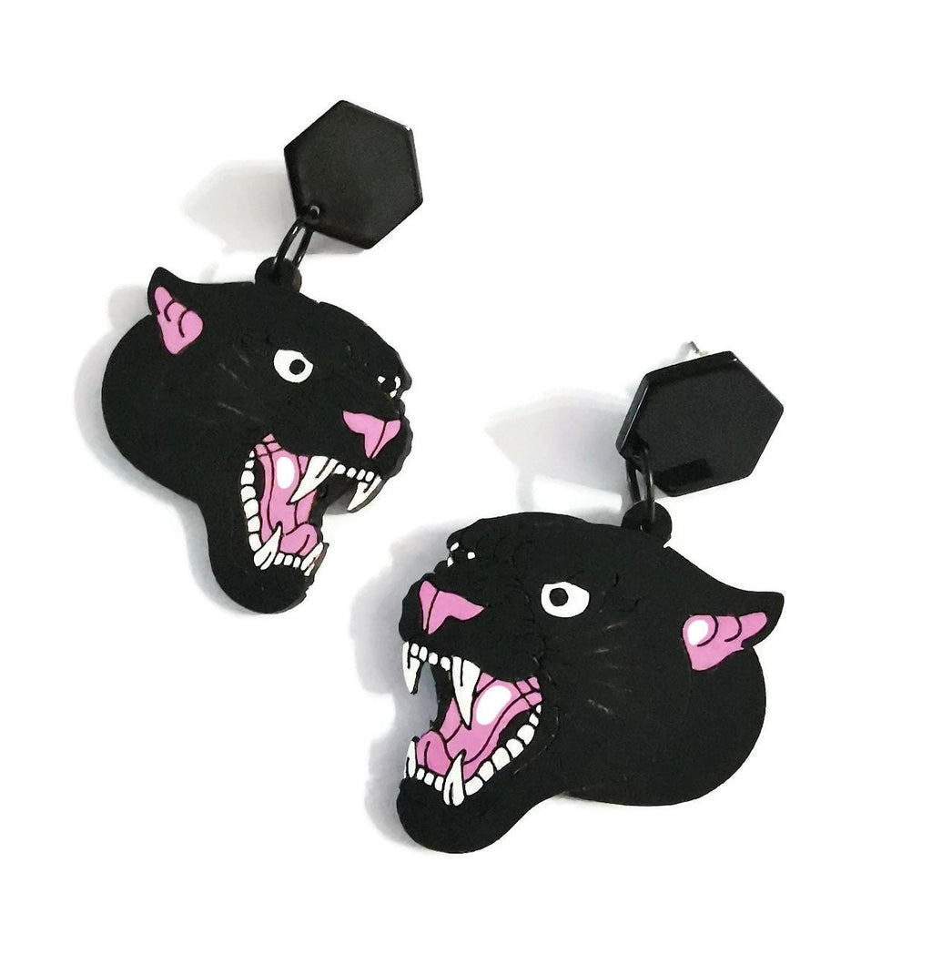 Boucles d'oreilles Panthère Noire, découpe laser sur bois, style tatouage