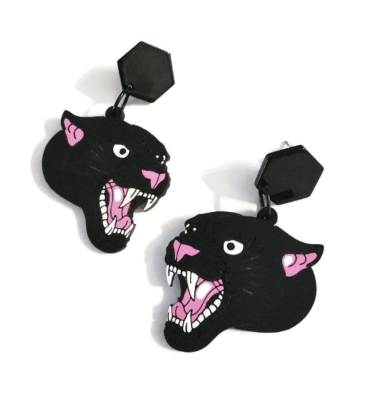 Boucles d'oreilles Panthère Noire, découpe laser sur bois, style tatouage