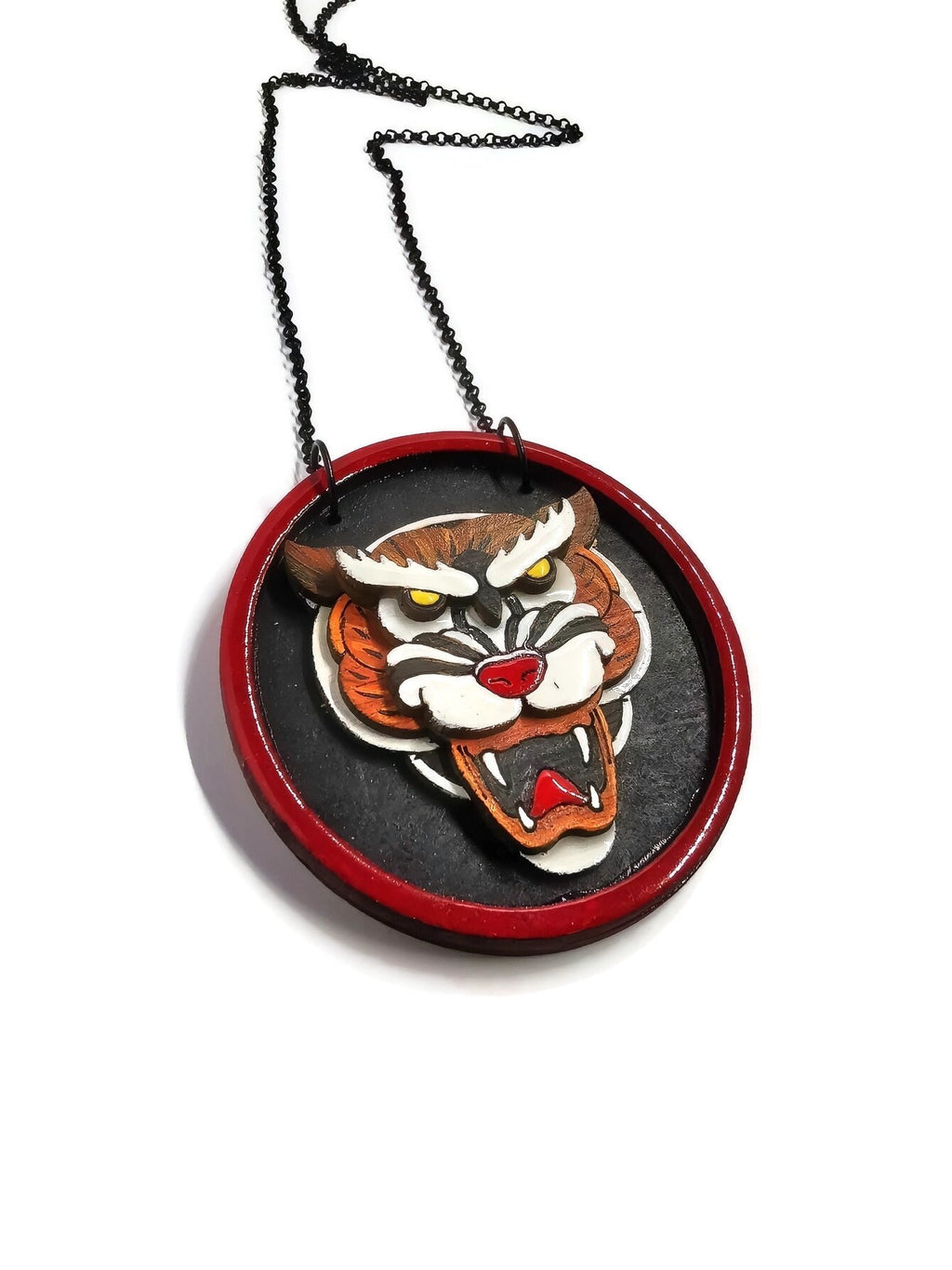 Pendentif Tigre Tattoo, Bois, en 3D et découpe laser, peinture, résine, tatouage old school, vintage
