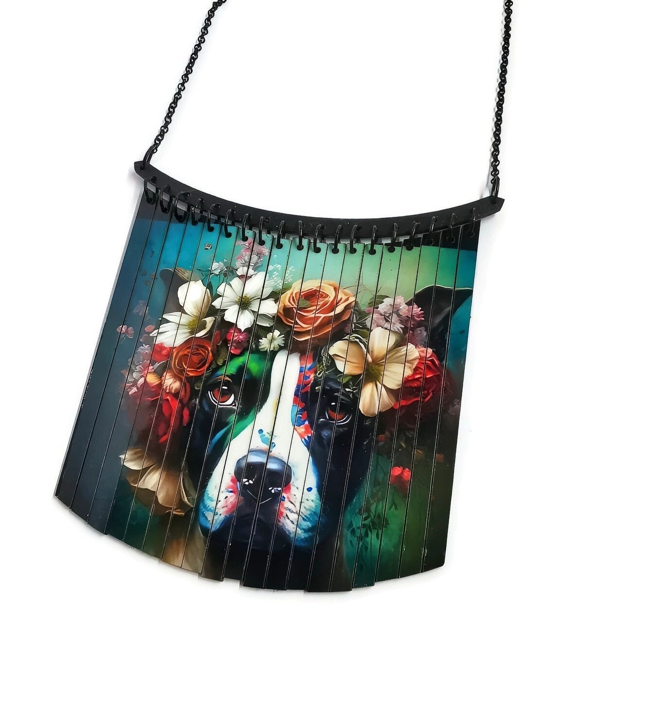 Collier Plastron Chien univers Dia de los Muertos, découpe laser et impression numérique HD, Chien à la couronne de fleurs