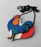 Pendentif Coq Gaulois sur Coeur tricolore, découpe de bois