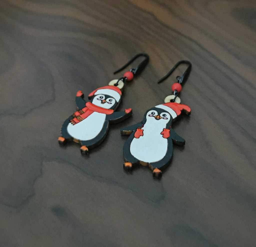 Boucles d'Oreilles Pingouins, bois de Tilleul, découpe et gravure laser du bijou de noel