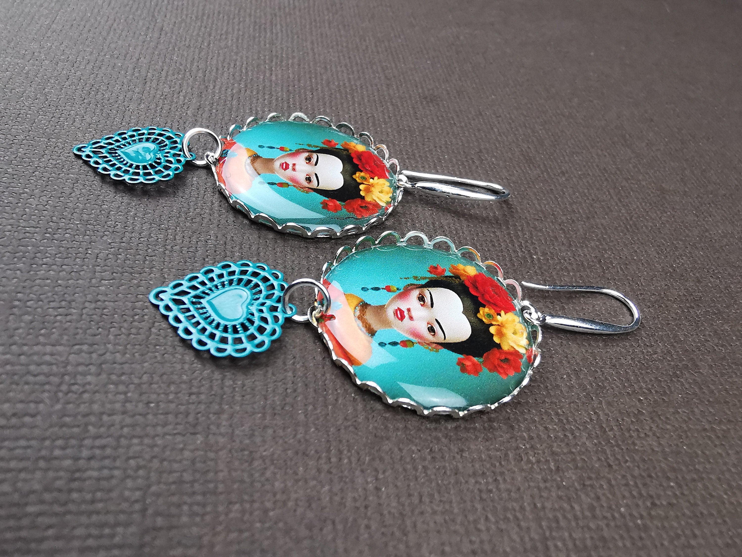 Boucles d'Oreilles esprit Frida Kahlo, illustration, cabochon métal argenté