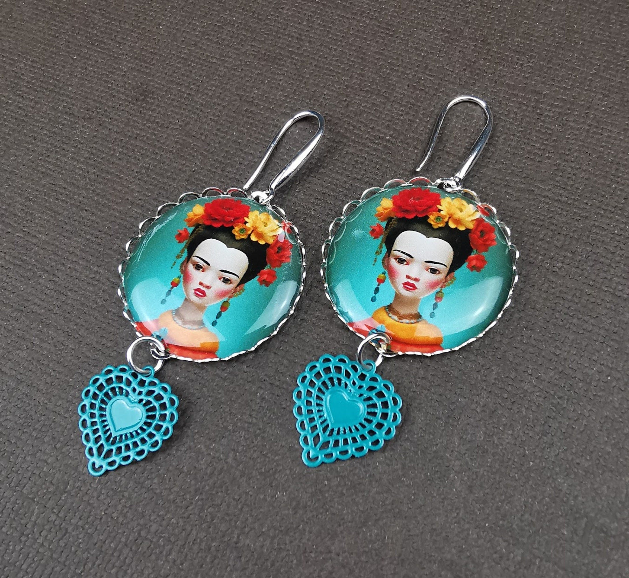 Boucles d'Oreilles esprit Frida Kahlo, illustration, cabochon métal argenté
