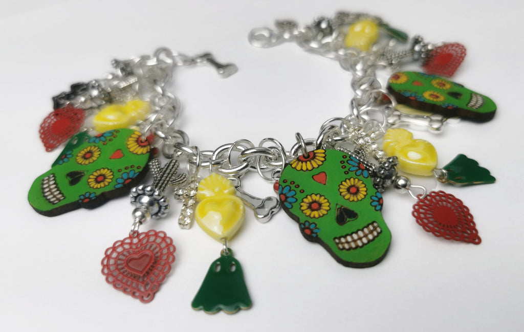 Bracelet argent 925, breloques Sugar Skull, transformable en collier