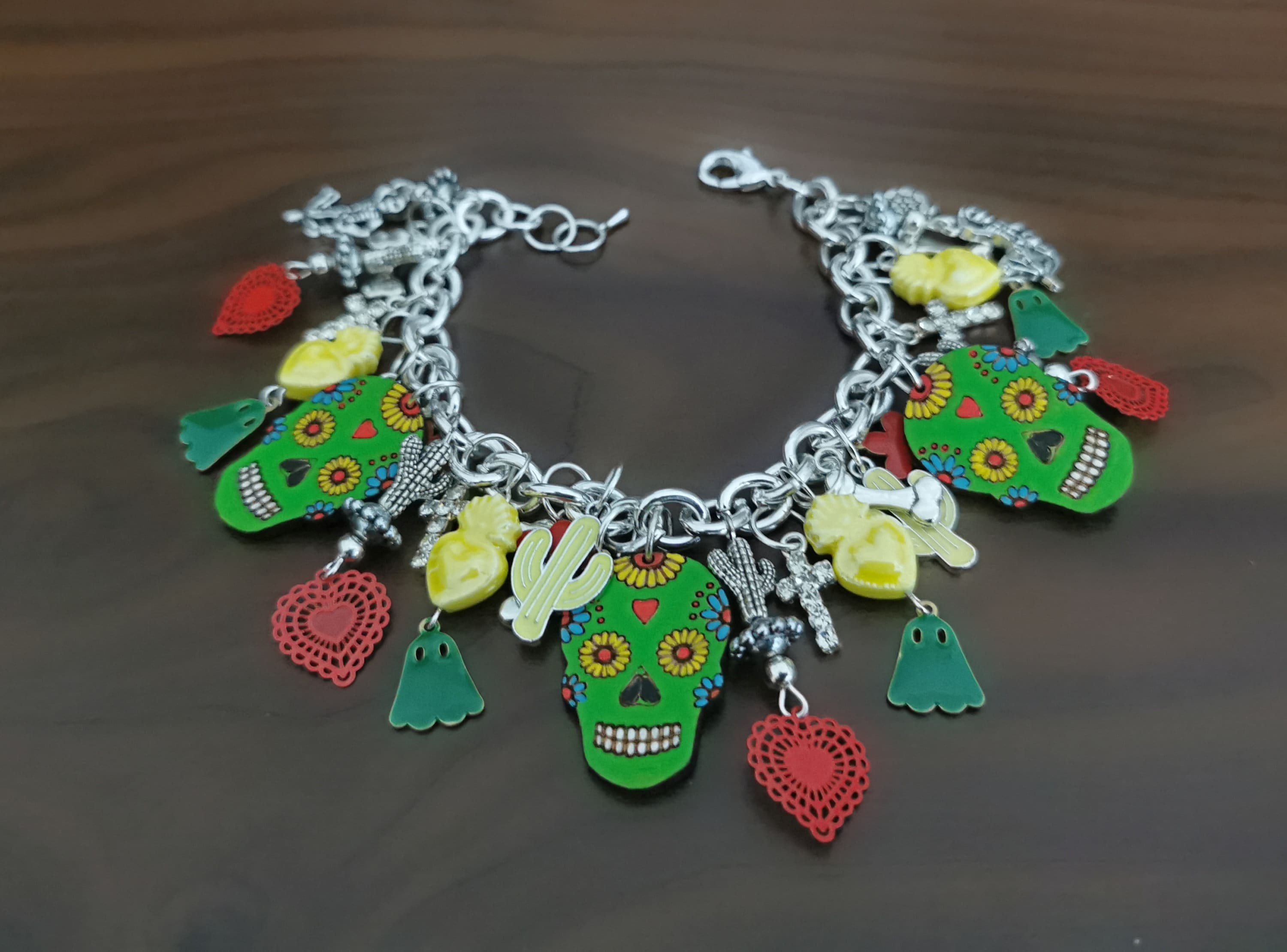 Bracelet argent 925, breloques Sugar Skull, transformable en collier