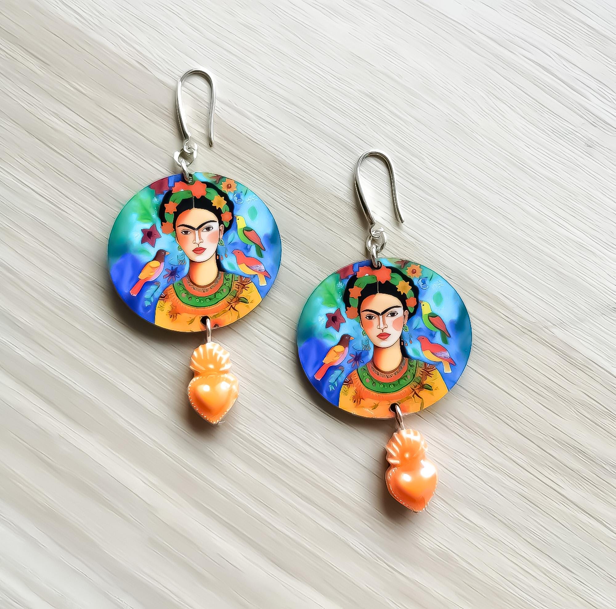 Boucles d'oreilles Frida Kahlo uniques – Art IA sur Bois, Découpe Laser, Coeur Sacré