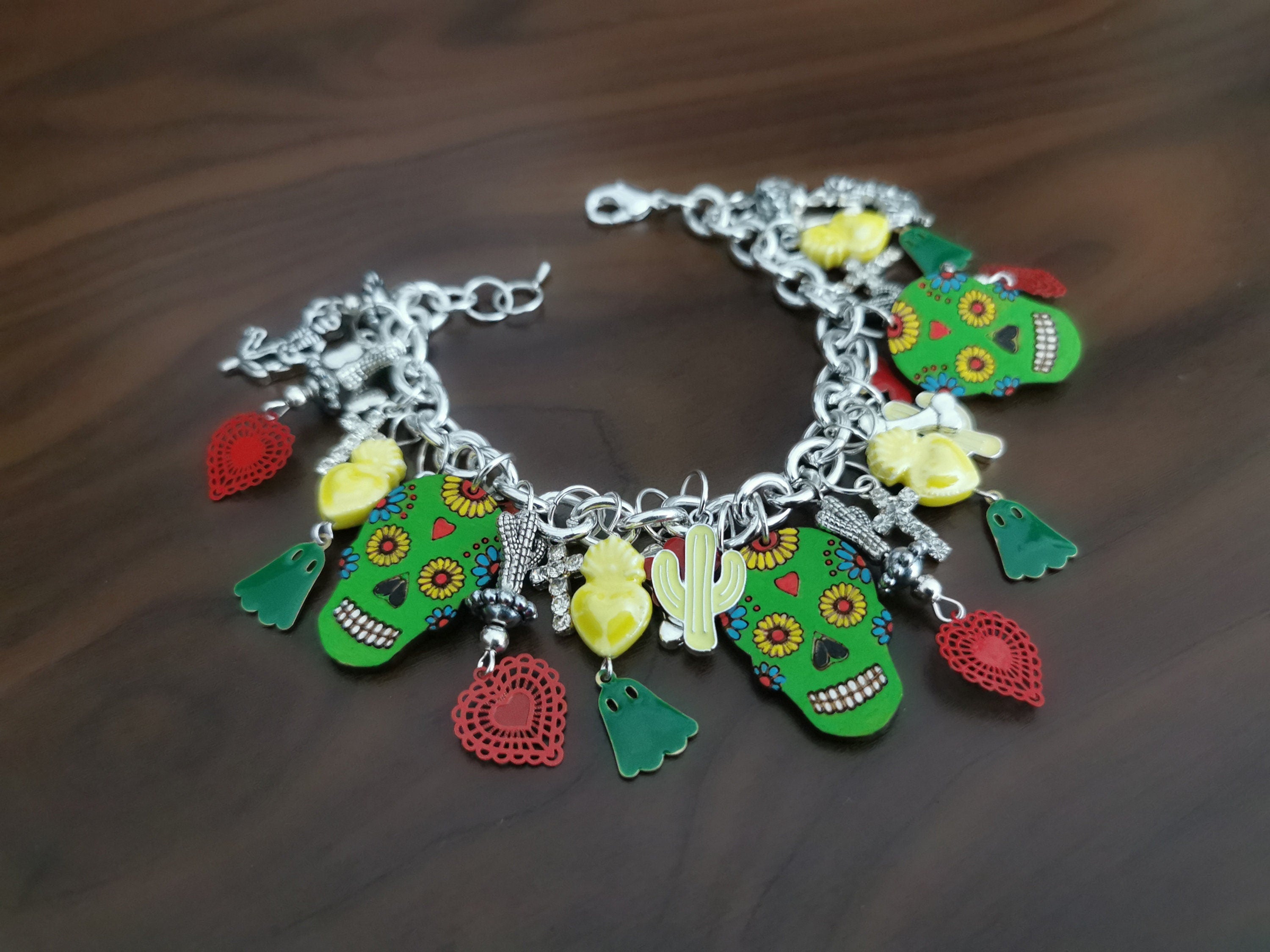 Bracelet argent 925, breloques Sugar Skull, transformable en collier