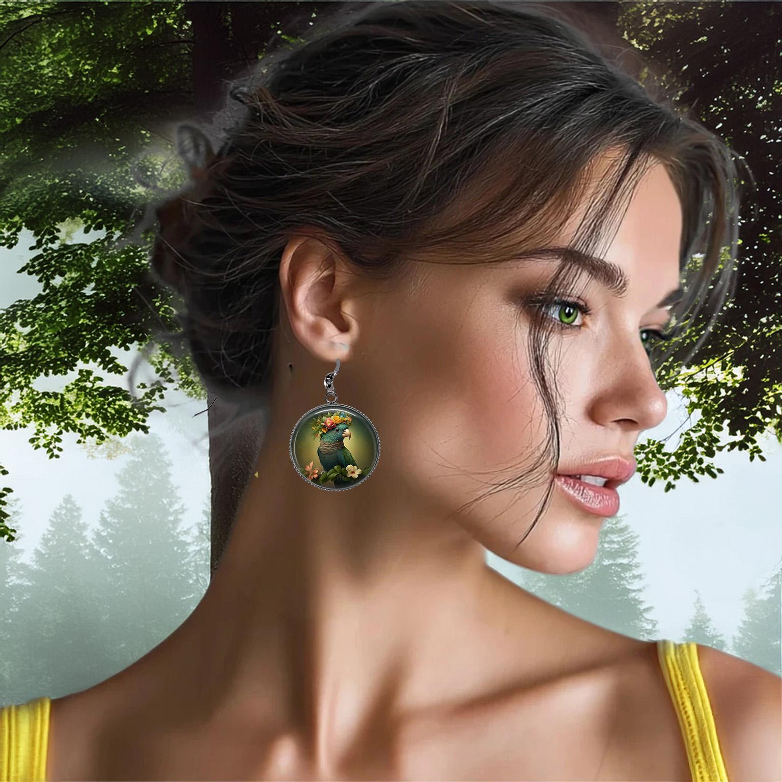 Boucles d'oreilles Perroquet Tropical - Bijoux Perroquet Fleur Couronne Argent