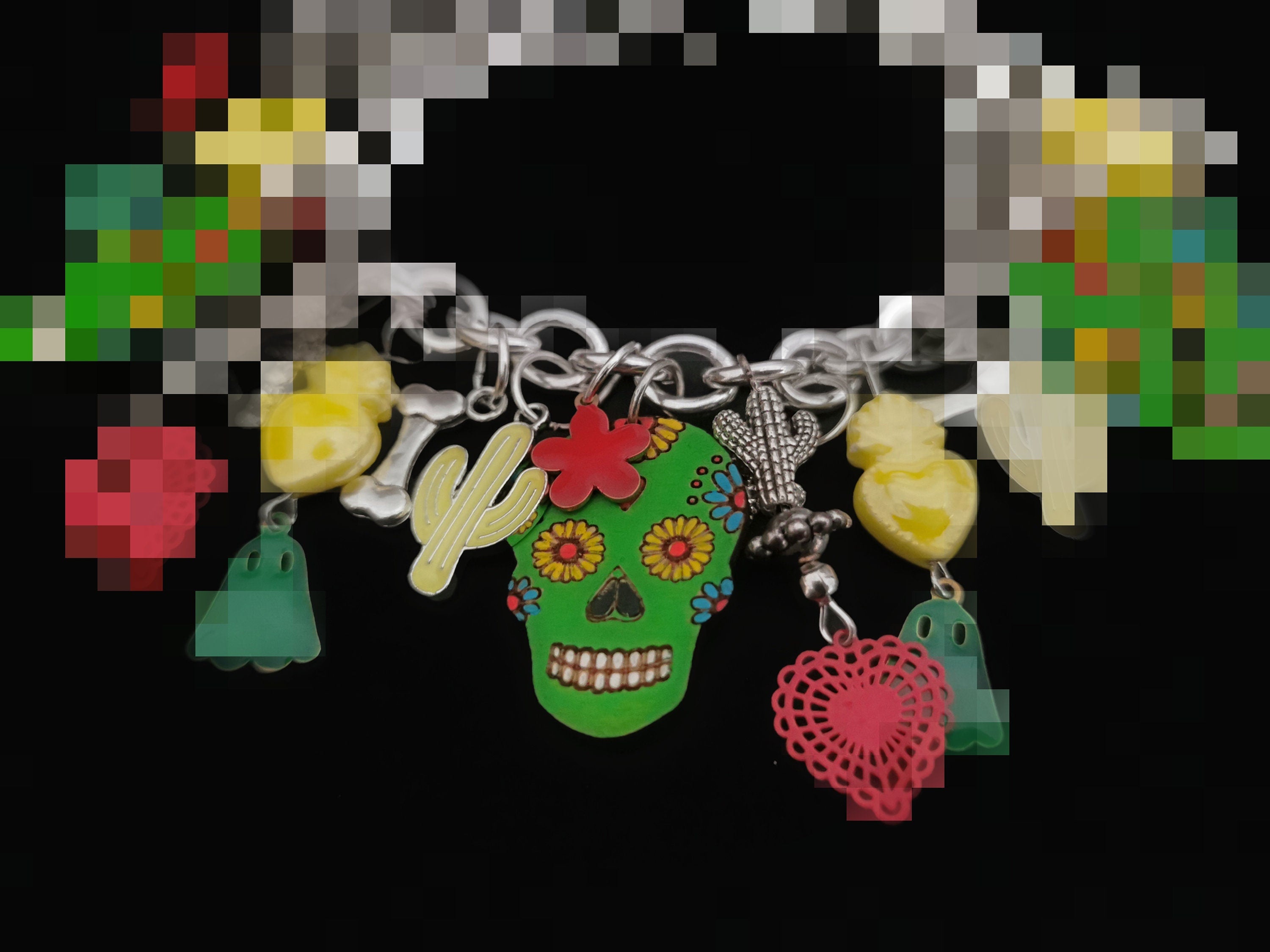 Bracelet argent 925, breloques Sugar Skull, transformable en collier