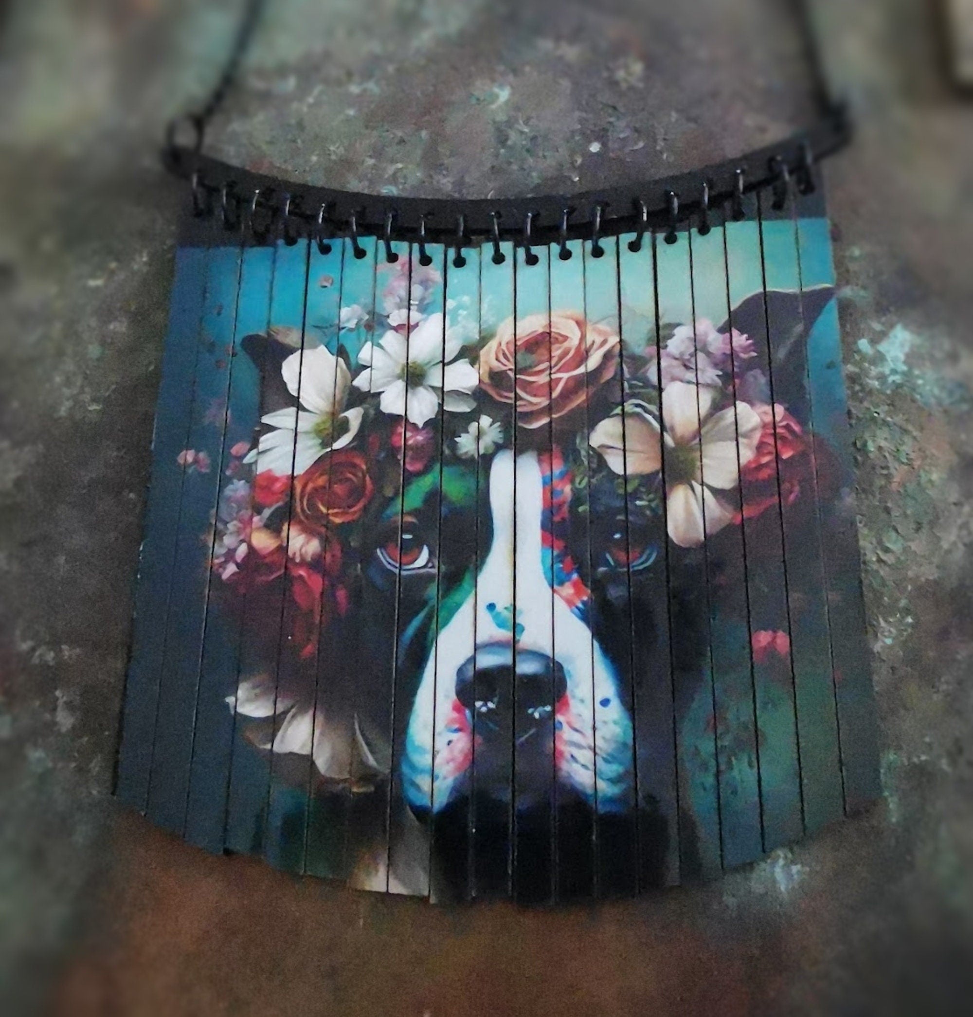 Collier Plastron Chien univers Dia de los Muertos, découpe laser et impression numérique HD, Chien à la couronne de fleurs