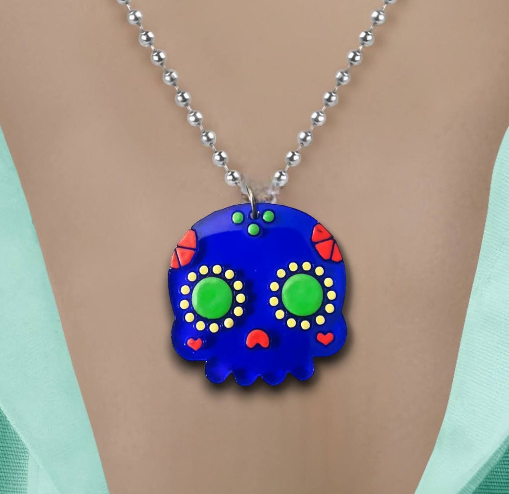 Pendentif Sugar Skull plexi miroir bleu ou plexi noir, émail, dia de los muertos, mexico