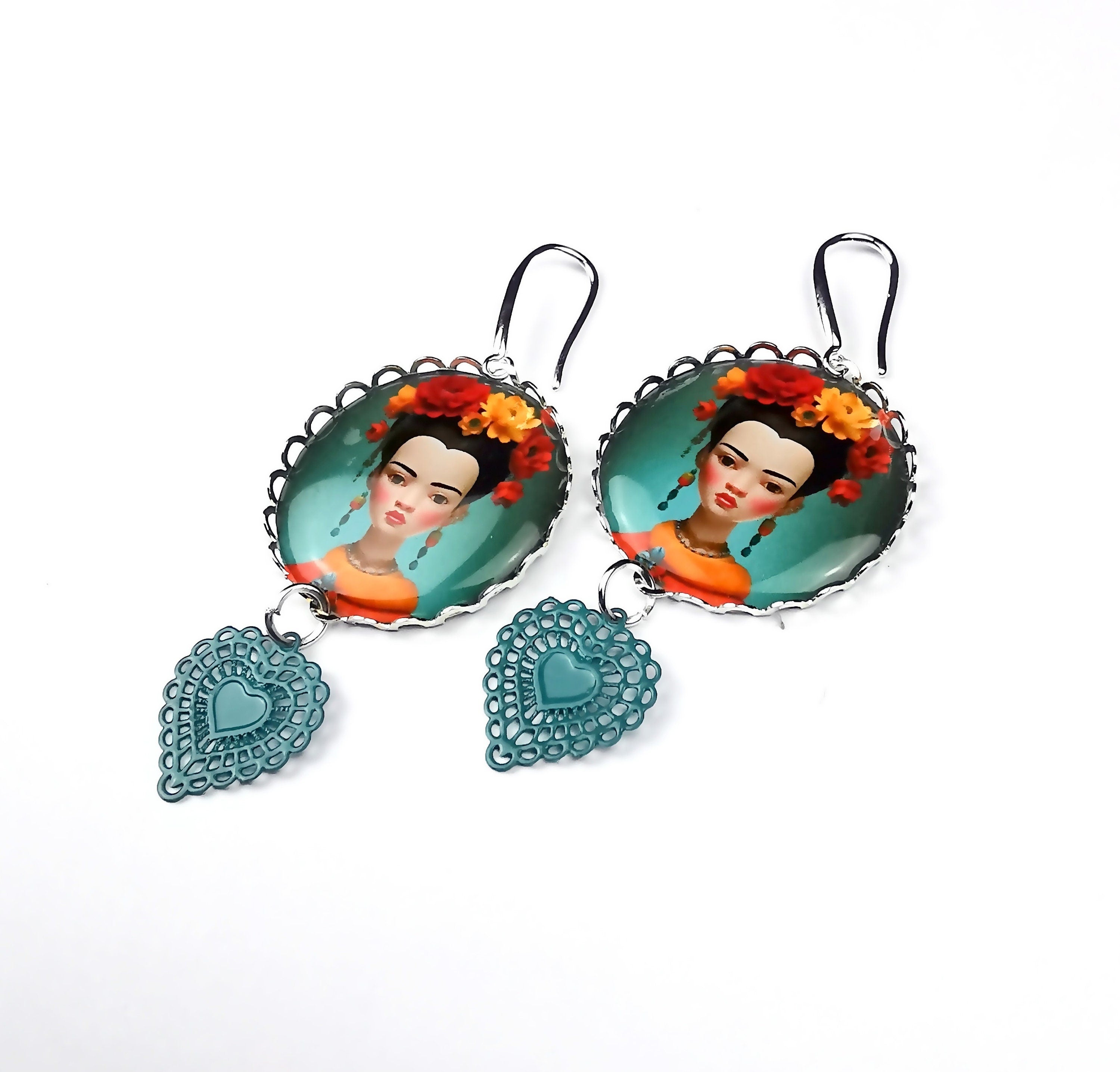Boucles d'Oreilles esprit Frida Kahlo, illustration, cabochon métal argenté