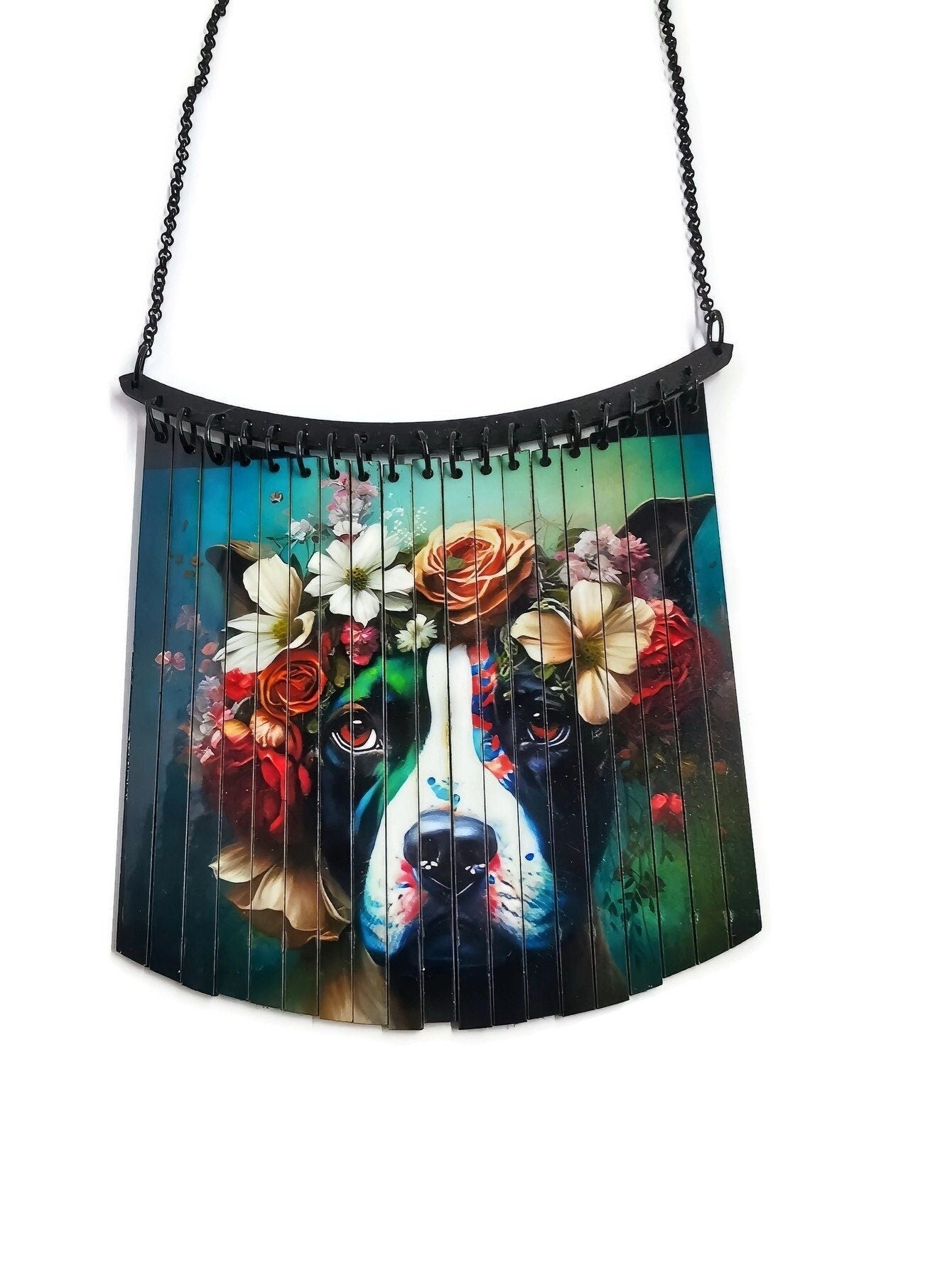 Collier Plastron Chien univers Dia de los Muertos, découpe laser et impression numérique HD, Chien à la couronne de fleurs