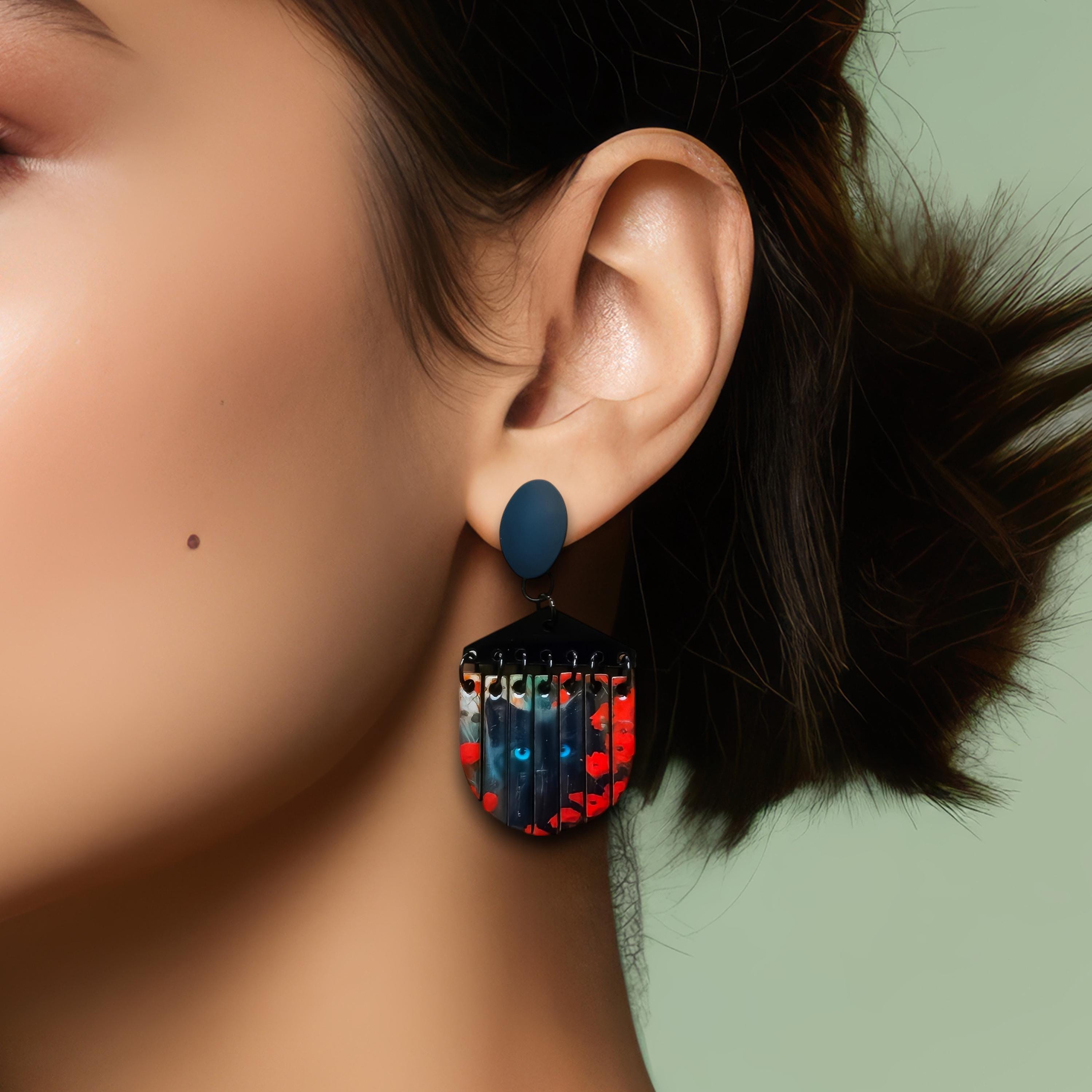Boucles d'oreilles Chat et coquelicots, découpe laser, romantique et vintage