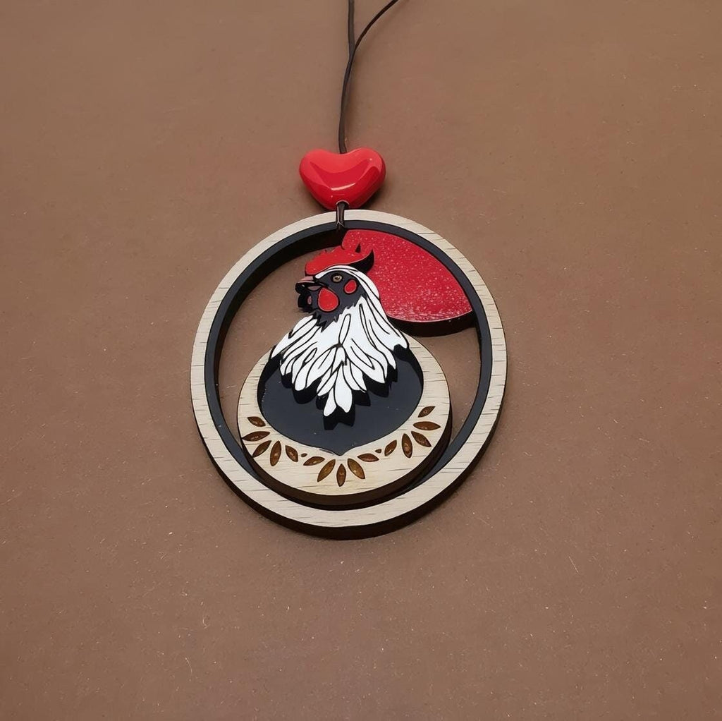 Pendentif Coq, découpe et gravure laser de bois peint à la main, baturel et rustique, animaux de la ferme
