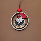 Pendentif Coq, découpe et gravure laser de bois peint à la main, baturel et rustique, animaux de la ferme