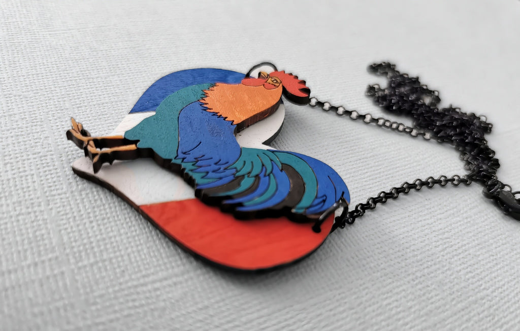 Pendentif Coq Gaulois sur Coeur tricolore, découpe de bois