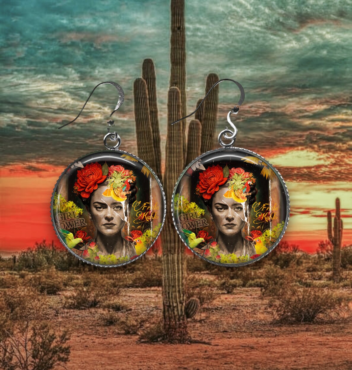 Boucles d'Oreilles Cabochon Style Graffiti - Hommage Floral à l'Artiste Iconique