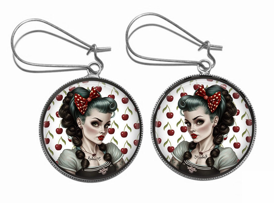 Boucles d'Oreilles Cabochon Pin-Up Rockabilly - Rétro Chic des Années 60