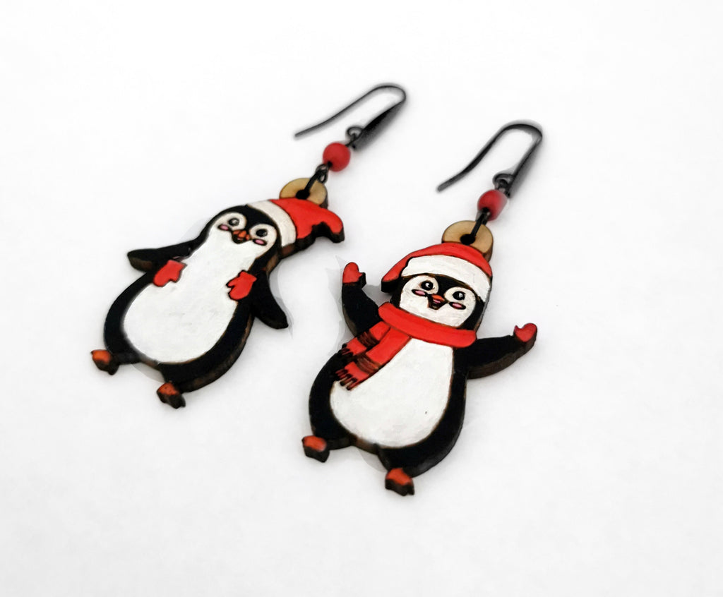 Boucles d'Oreilles Pingouins, bois de Tilleul, découpe et gravure laser du bijou de noel