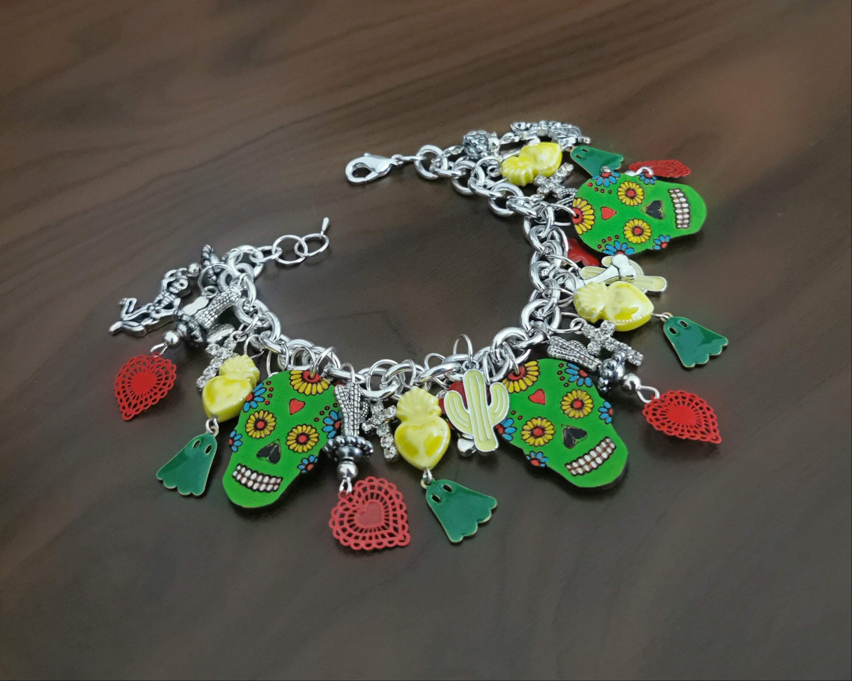 Bracelet argent 925, breloques Sugar Skull, transformable en collier