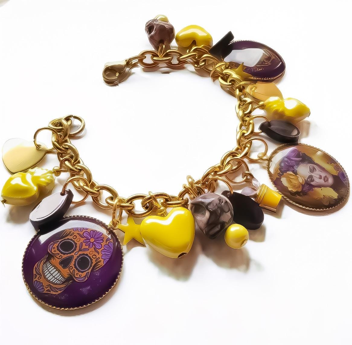 Bracelet Charms Frida Kahlo - Bijou Art Mexicain - Jaune et Violet