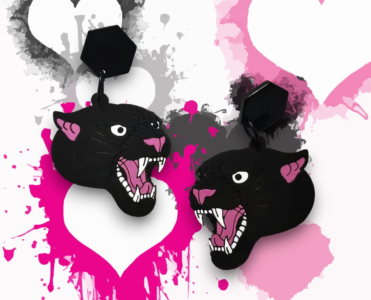 Boucles d'oreilles Panthère Noire, découpe laser sur bois, style tatouage