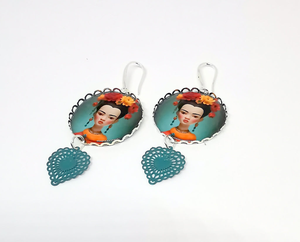 Boucles d'Oreilles esprit Frida Kahlo, illustration, cabochon métal argenté