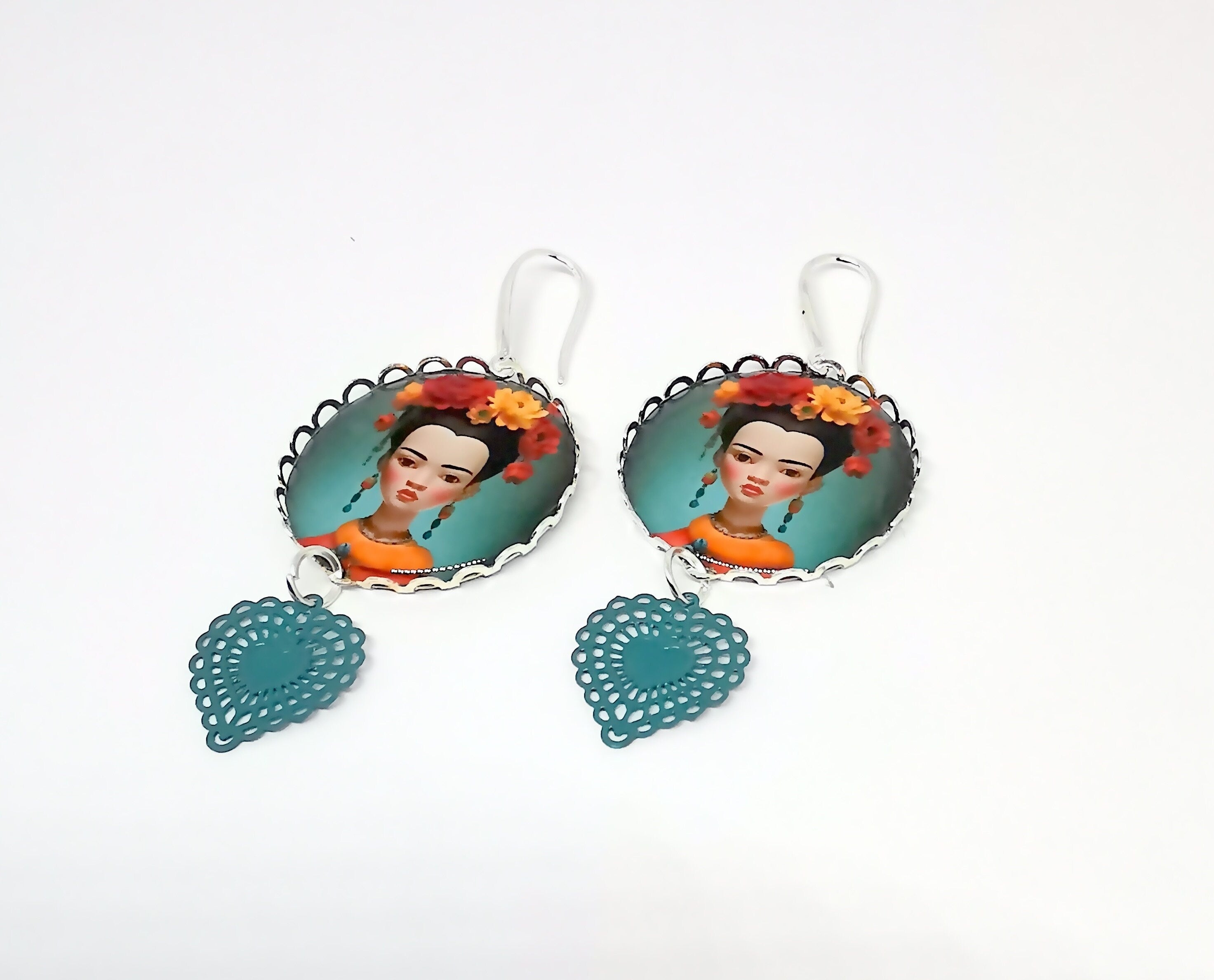 Boucles d'Oreilles esprit Frida Kahlo, illustration, cabochon métal argenté