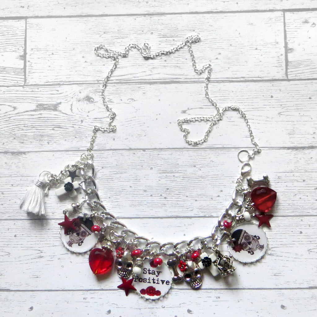 Bracelet Stay Positive, sugar skull rouge et noir, tête de mort gothique, santa muerte