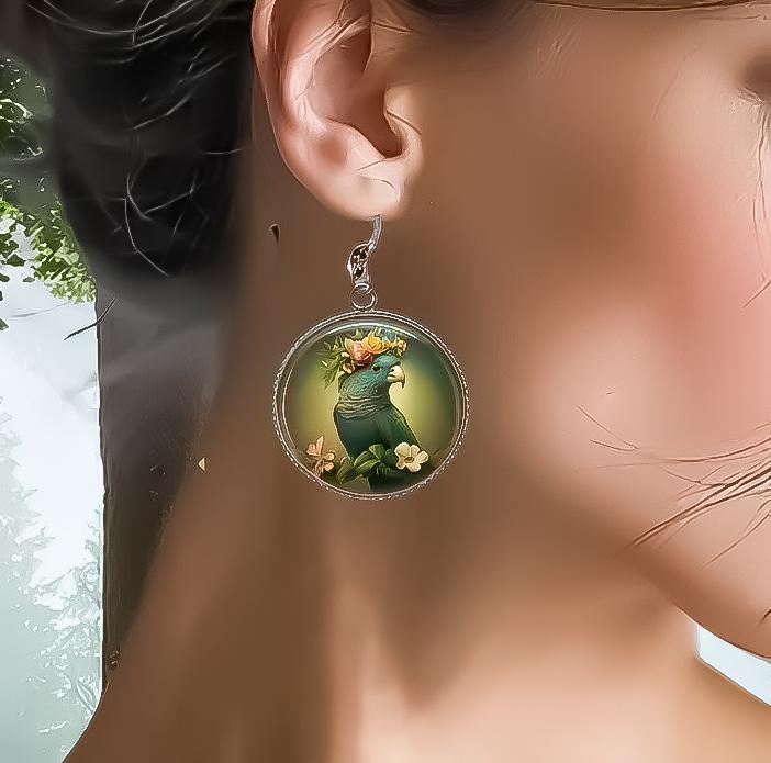 Boucles d'oreilles Perroquet Tropical - Bijoux Perroquet Fleur Couronne Argent