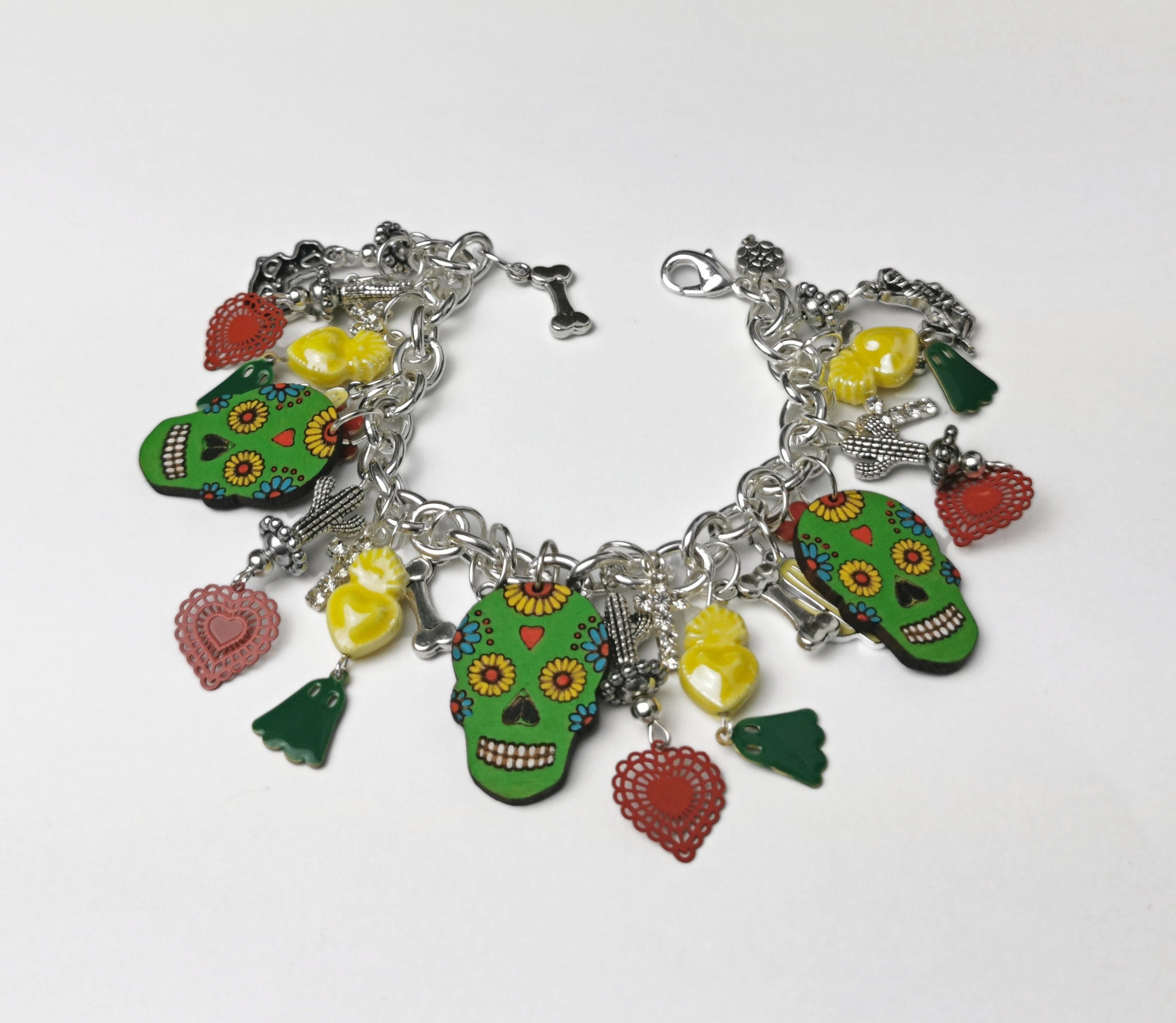 Bracelet argent 925, breloques Sugar Skull, transformable en collier
