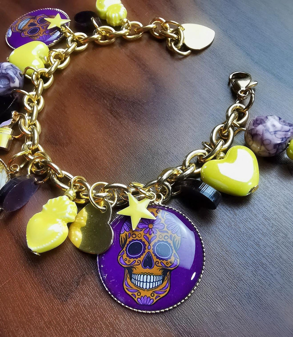 Bracelet Charms Frida Kahlo - Bijou Art Mexicain - Jaune et Violet