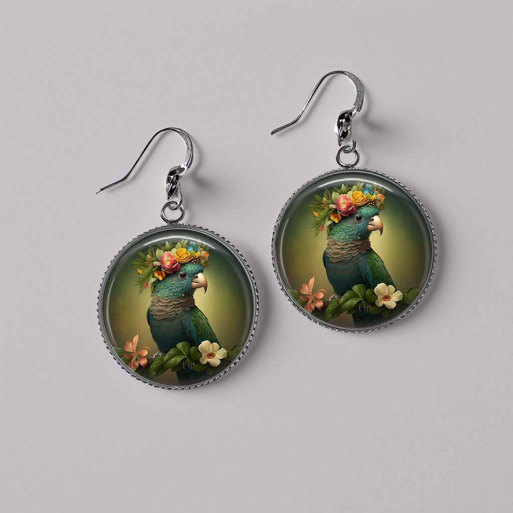 Boucles d'oreilles Perroquet Tropical - Bijoux Perroquet Fleur Couronne Argent