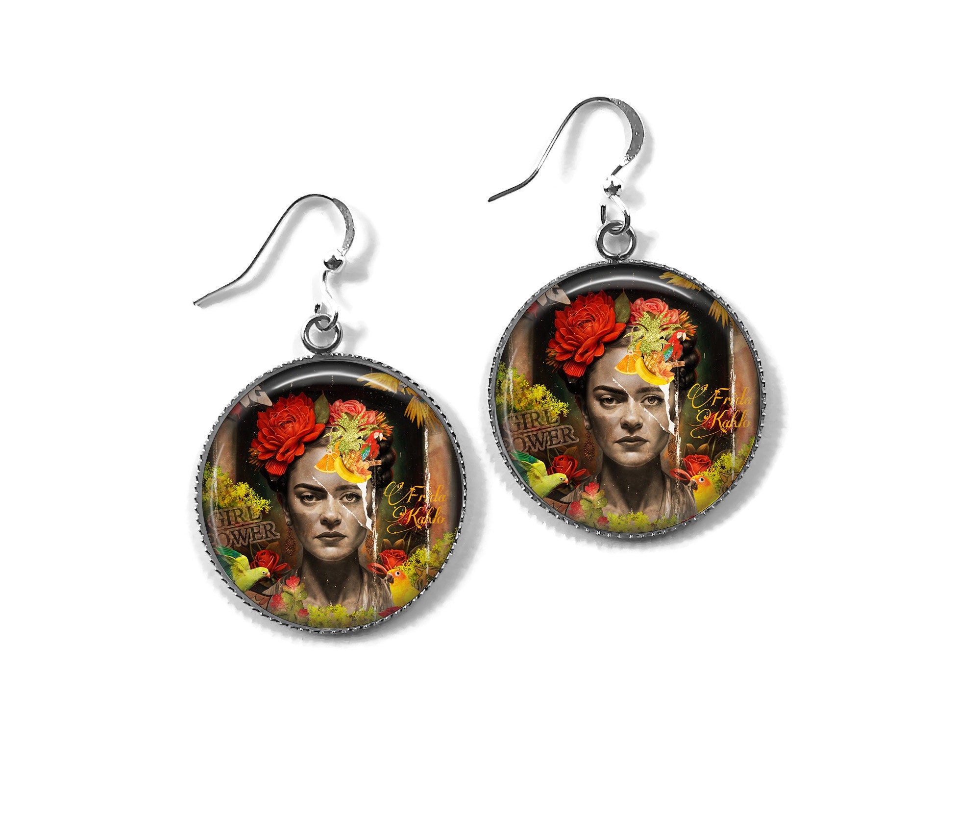Boucles d'Oreilles Cabochon Style Graffiti - Hommage Floral à l'Artiste Iconique