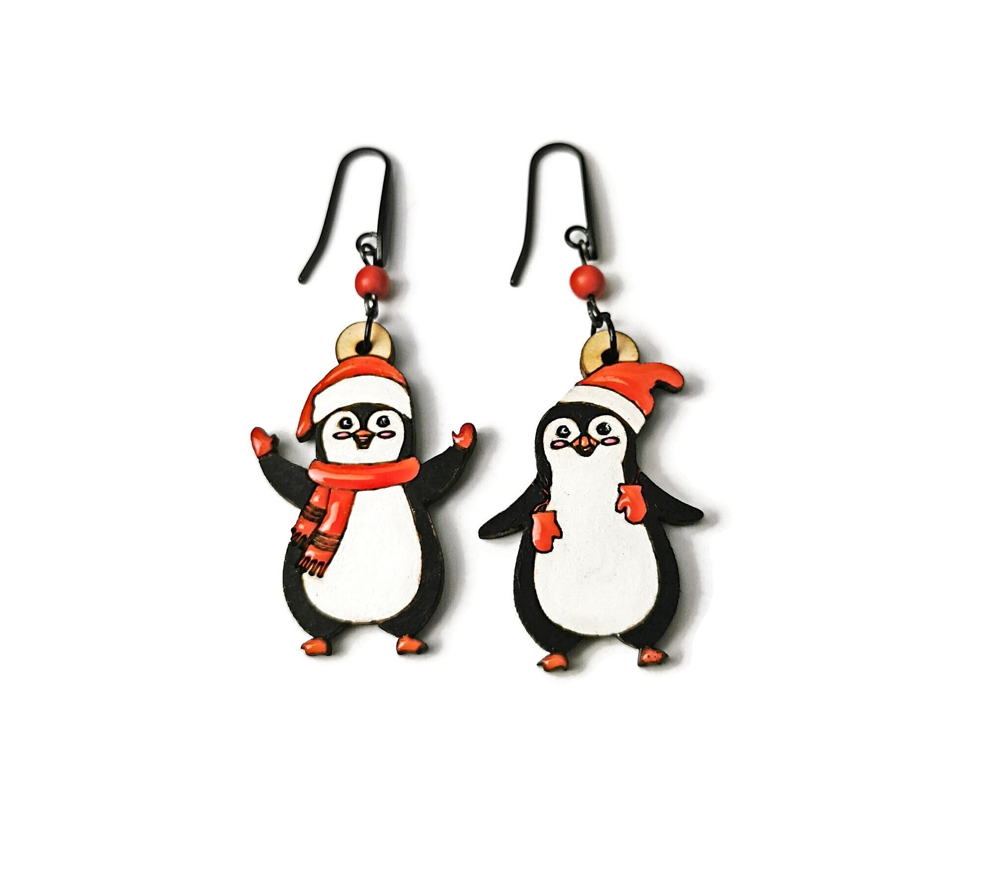 Boucles d'Oreilles Pingouins, bois de Tilleul, découpe et gravure laser du bijou de noel