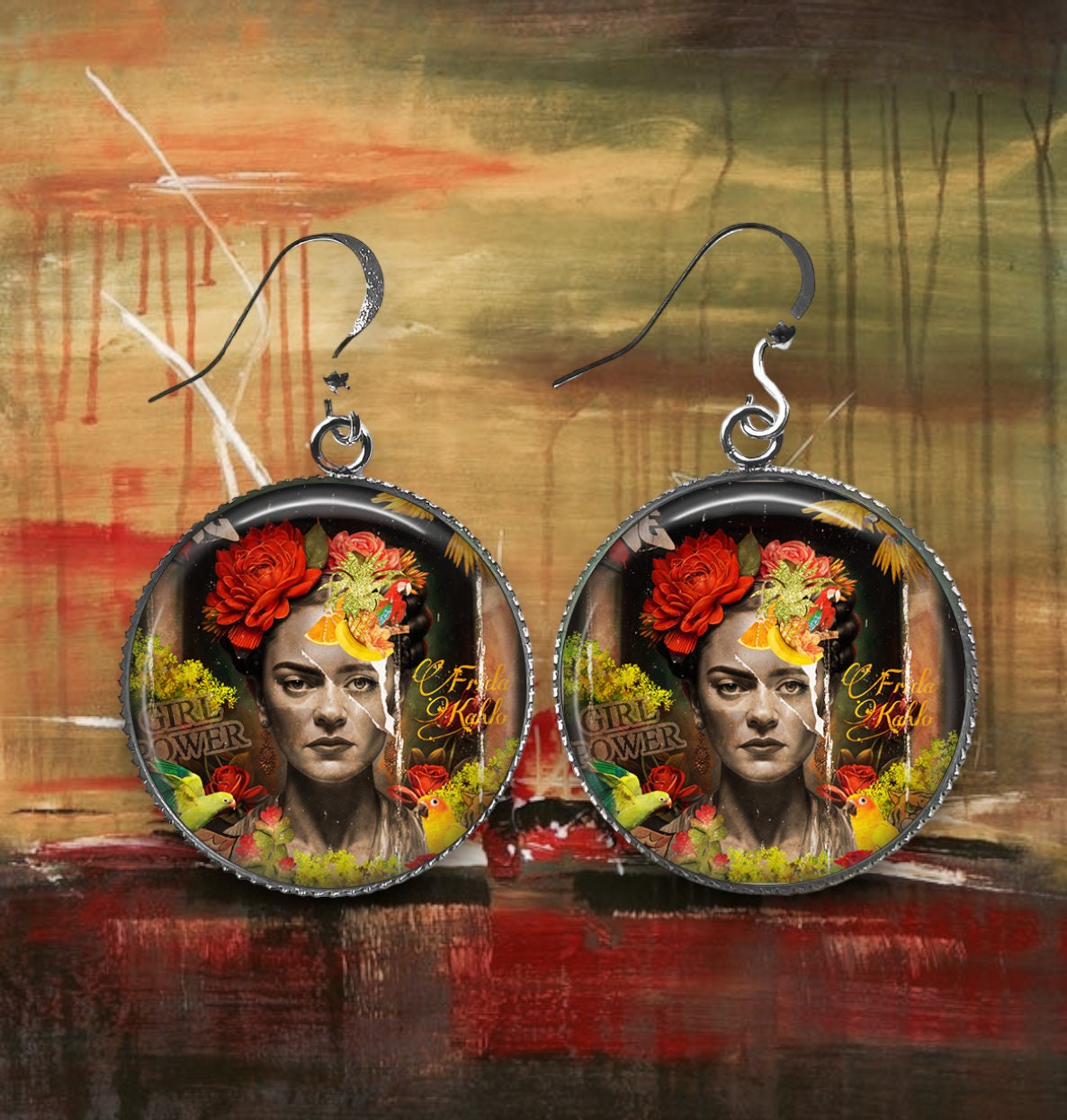 Boucles d'Oreilles Cabochon Style Graffiti - Hommage Floral à l'Artiste Iconique