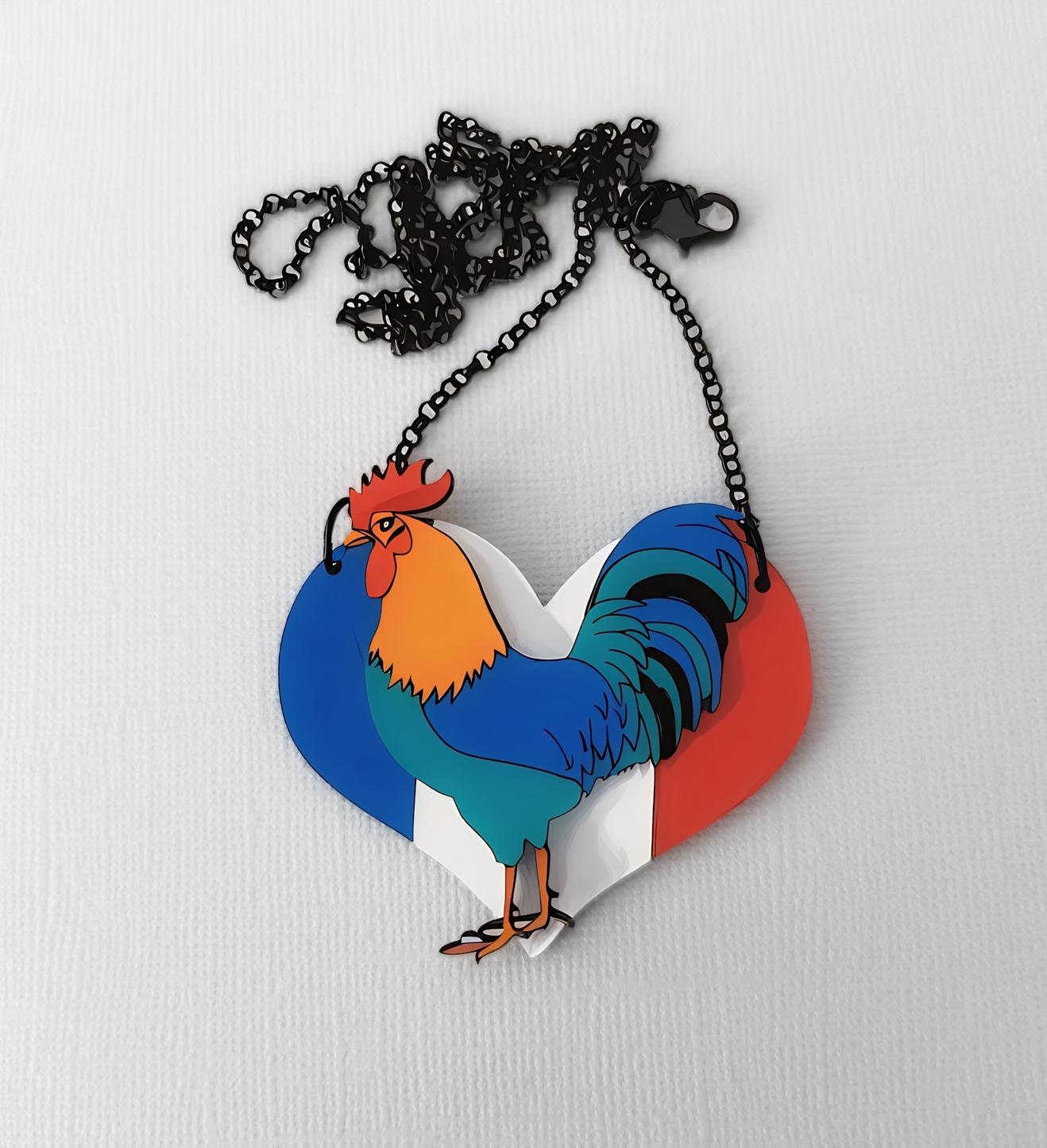 Pendentif Coq Gaulois sur Coeur tricolore, découpe de bois