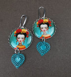 Boucles d'Oreilles esprit Frida Kahlo, illustration, cabochon métal argenté