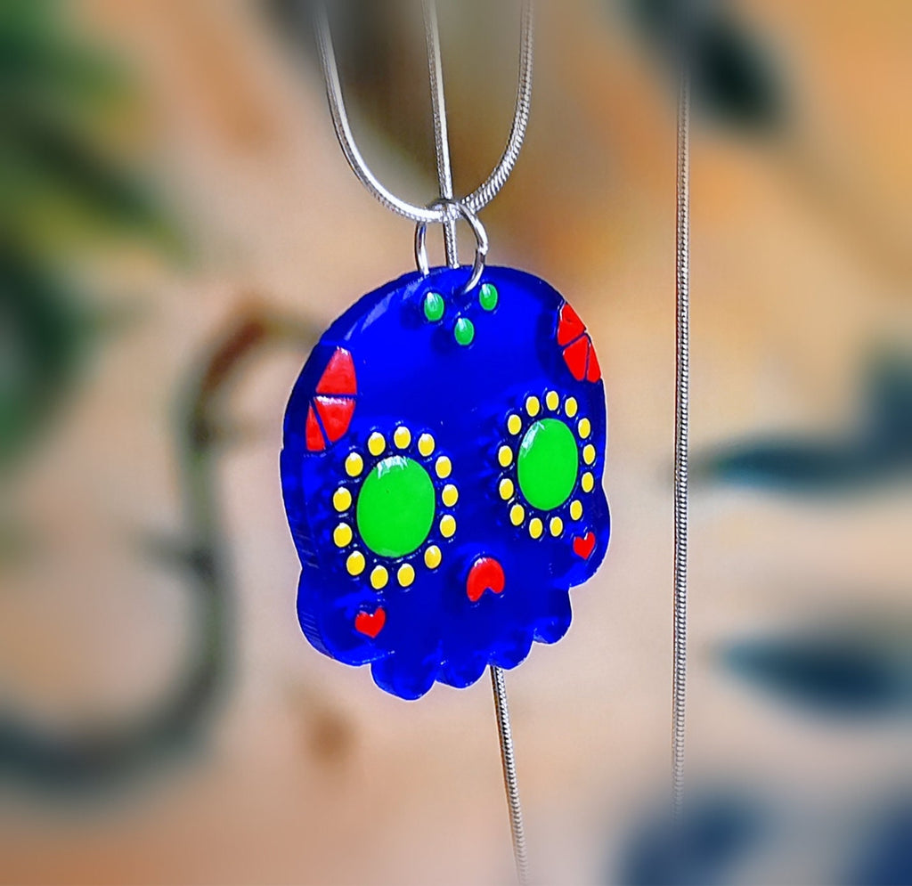 Pendentif Sugar Skull plexi miroir bleu ou plexi noir, émail, dia de los muertos, mexico