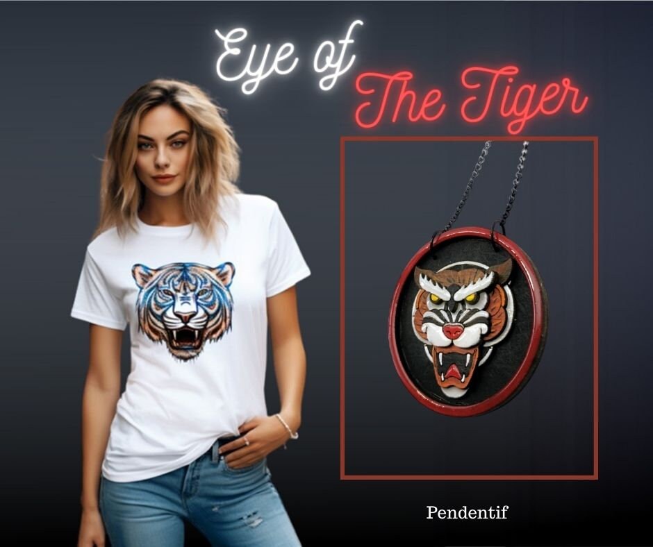 Pendentif Tigre Tattoo, Bois, en 3D et découpe laser, peinture, résine, tatouage old school, vintage