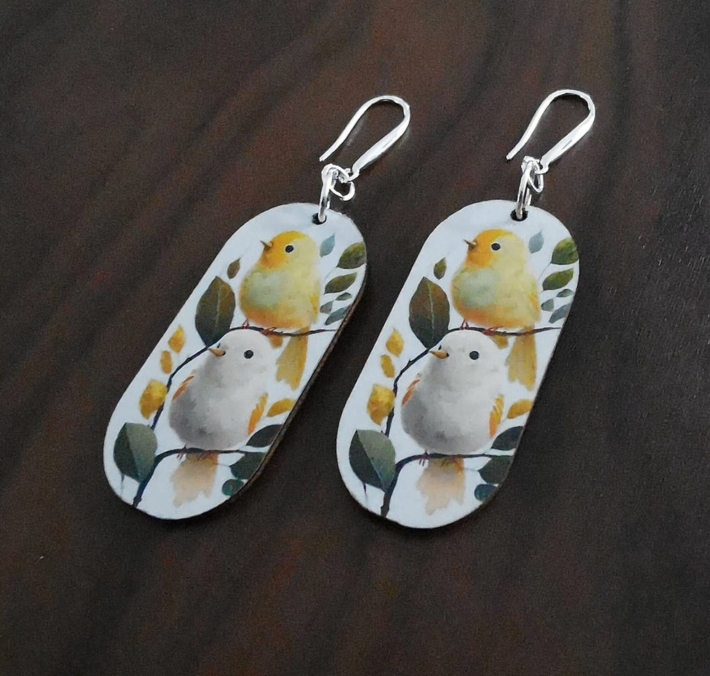 Boucles d'oreilles Petits Oiseaux sur une branche, illustration et découpe laser
