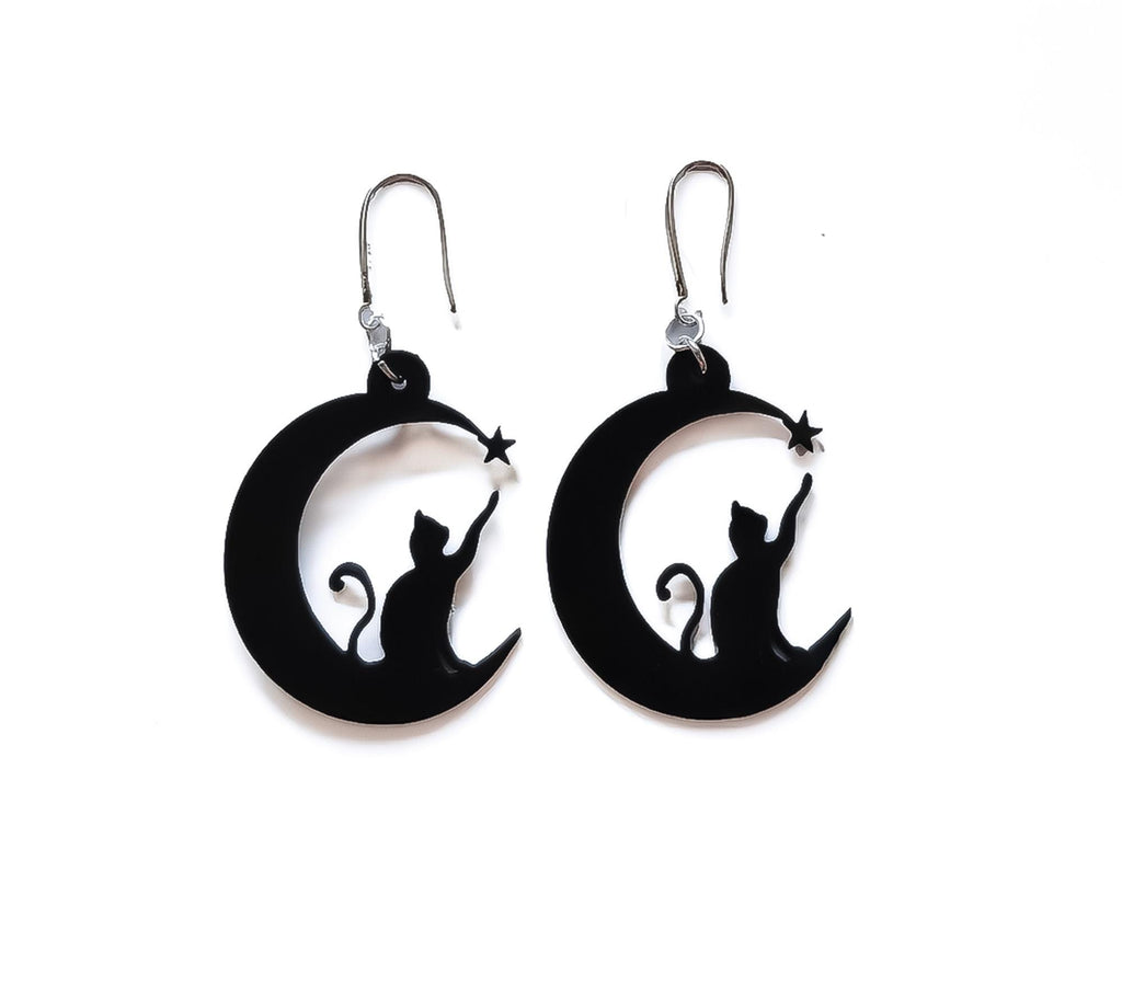 Boucles d’Oreilles Chat & Lune – Silhouette Féline Découpée au Laser