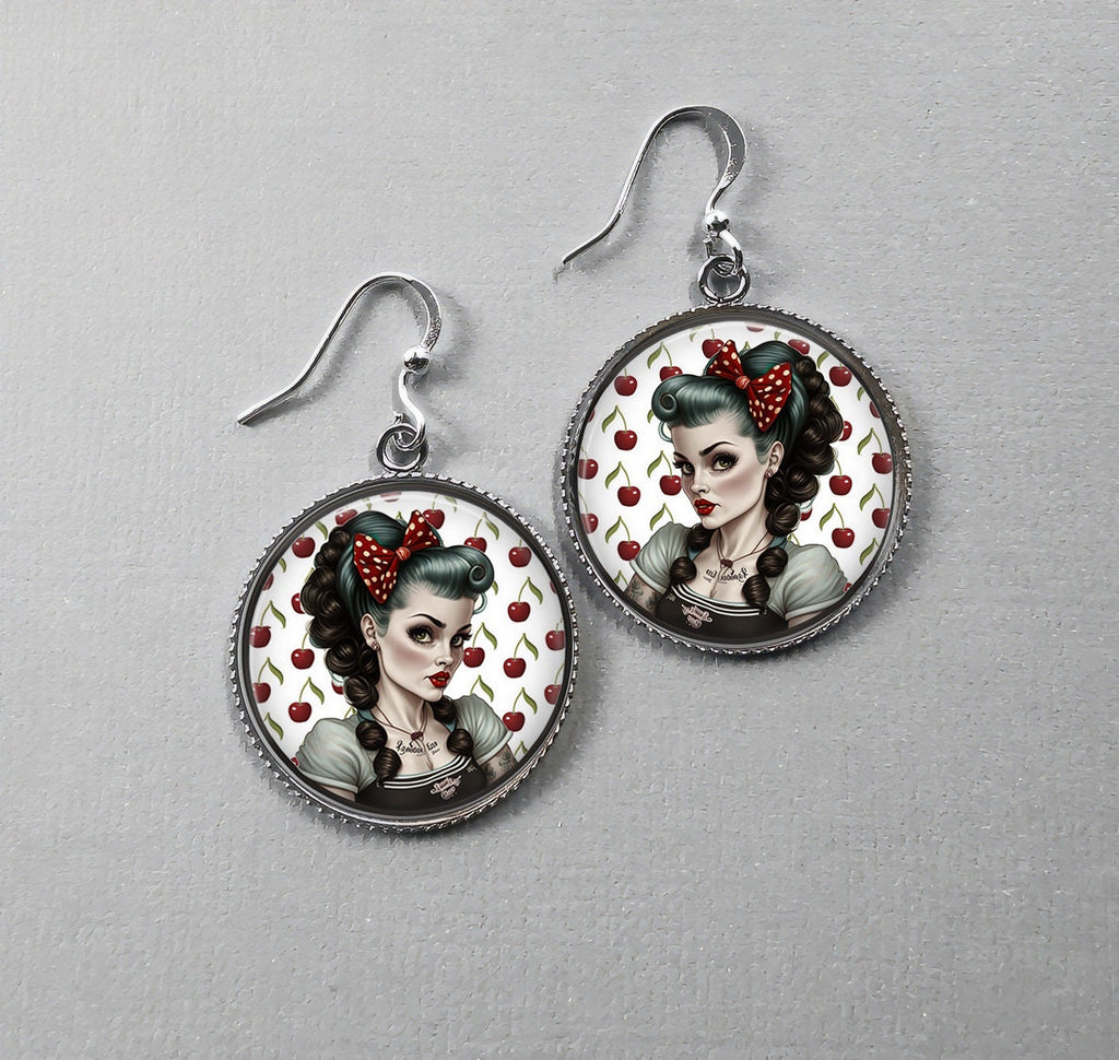 Boucles d'Oreilles Cabochon Pin-Up Rockabilly - Rétro Chic des Années 60