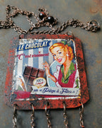 Pendentif ancienne plaque émaillée Vintage, j'aime le chocolat, effet vieilli et rouillé