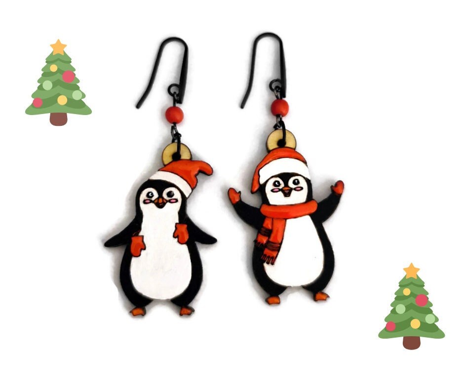 Boucles d'Oreilles Pingouins, bois de Tilleul, découpe et gravure laser du bijou de noel