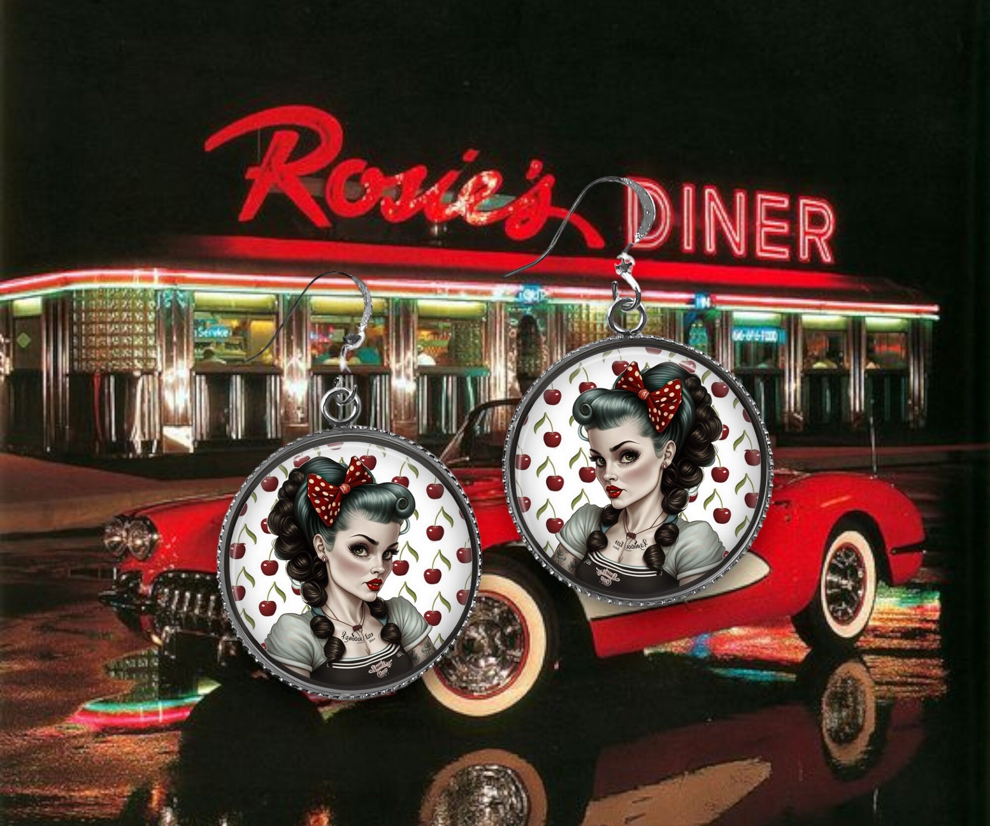 Boucles d'Oreilles Cabochon Pin-Up Rockabilly - Rétro Chic des Années 60